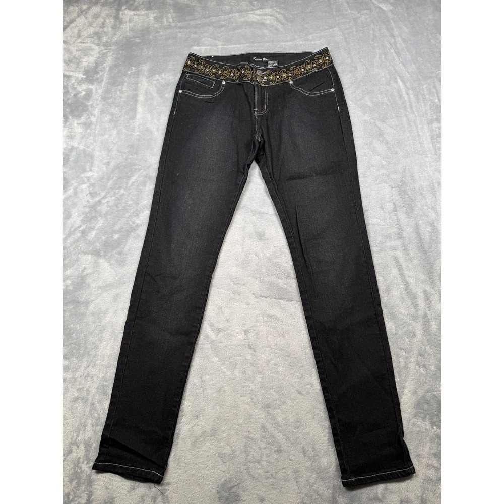Classic Blue Jeans Womens 11 Black Denim Dark Washed Gold Embroidery Rhinestone